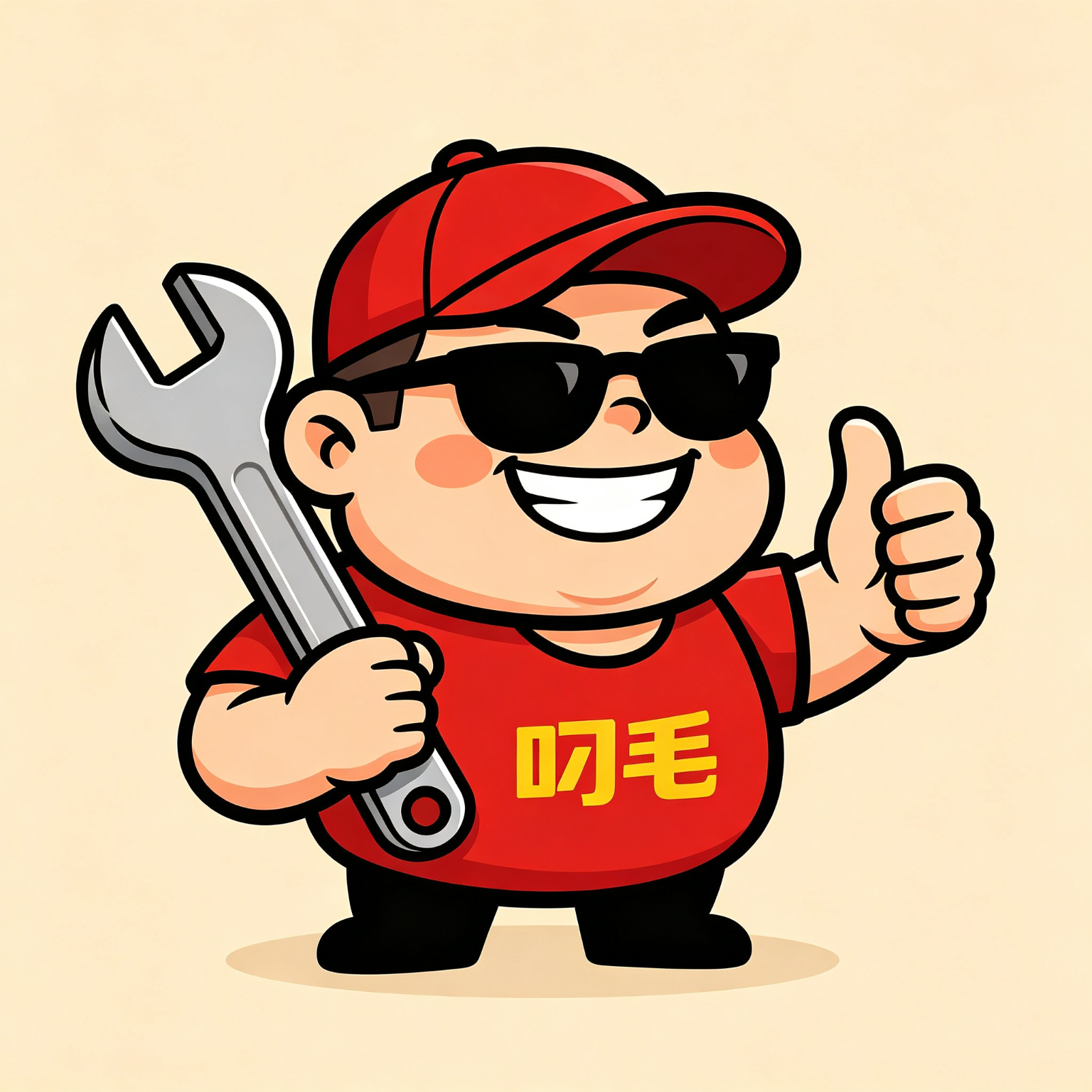 叼毛吉祥物：戴红帽墨镜、手持扳手、竖起大拇指的老铁